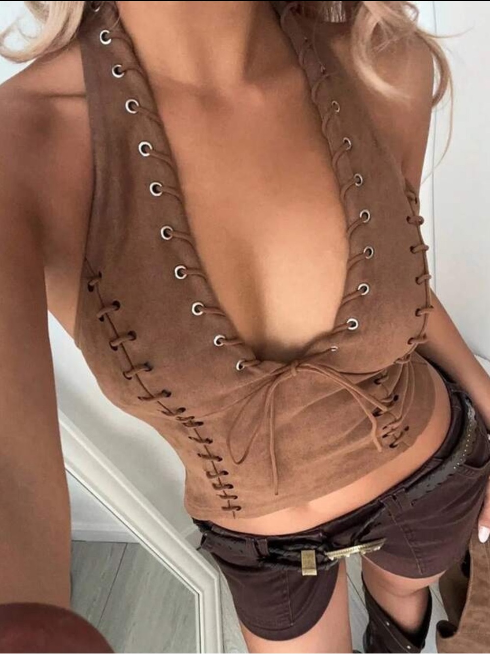 Suede Halter Crop Top in Brown